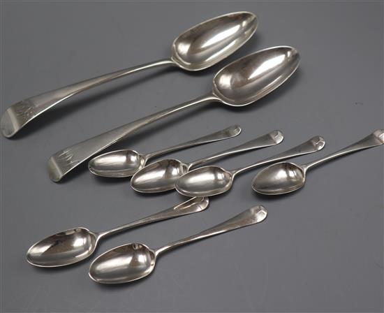 Two 18th century silver Old English pattern tablespoons, London, 1759 & 1796 and a set of six Georgian silver teaspoons, I.M, 6.5oz.